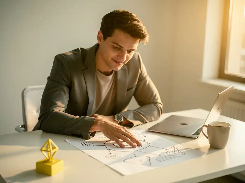Zakenman in smart-casual kleding bestudeert een handgetekende beslissingskaart aan een minimalistisch wit bureau met laptop en koffiekop.