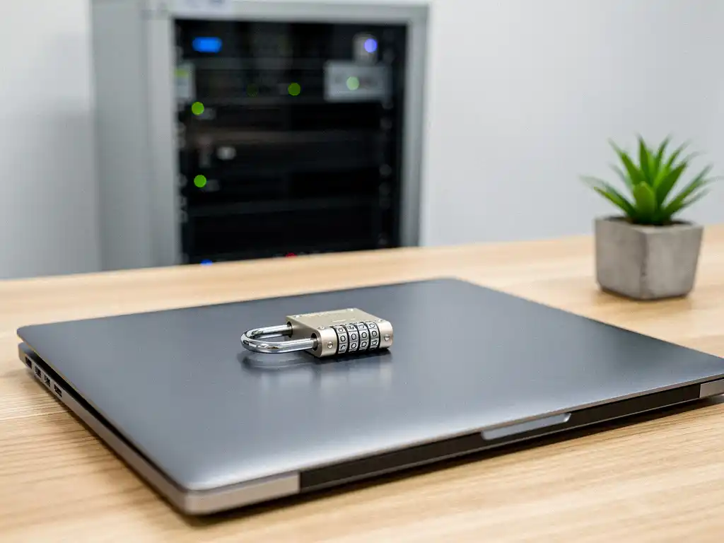 Combinatieslot op laptoptoetsenbord bij IT-beveiligingswerkplek, met wazig serverrek op de achtergrond.
