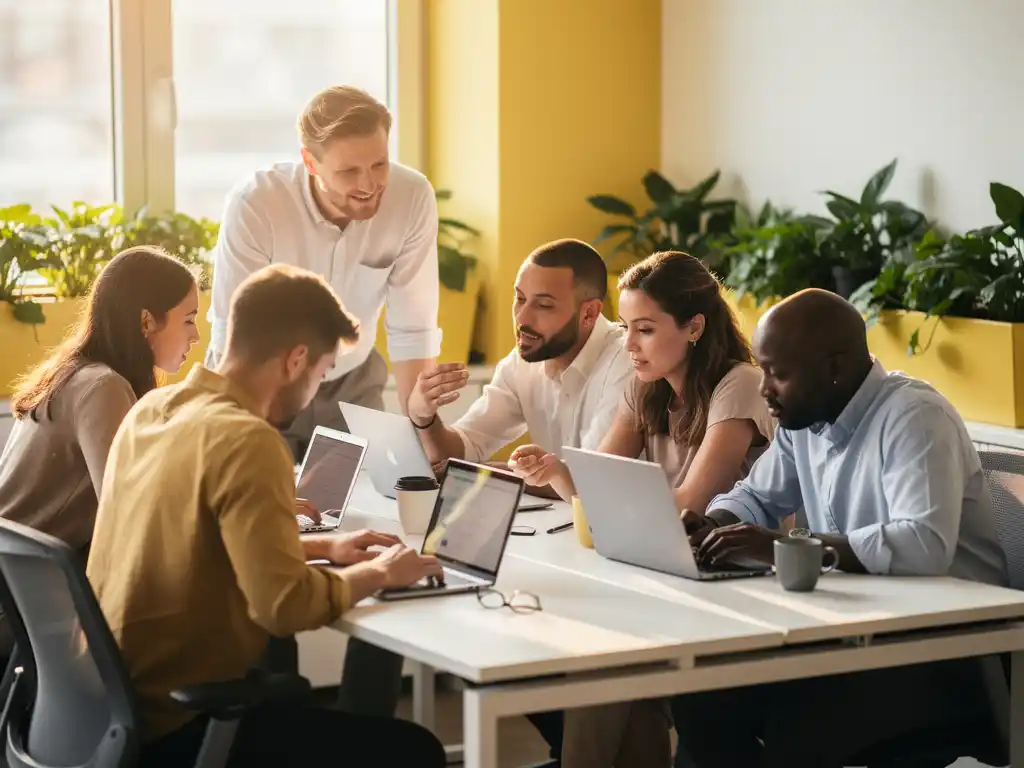 Divers team van professionals werkt samen aan laptops in een licht, modern kantoor met groene planten en natuurlijk raamlicht.