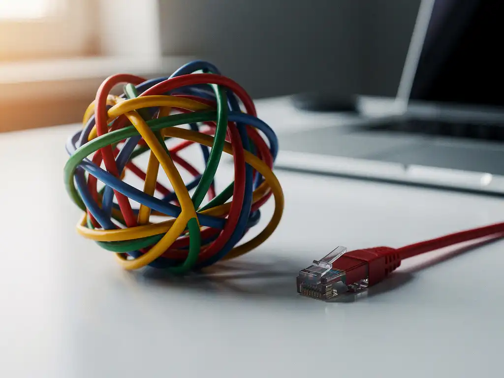 Wirwar van gekleurde ethernetkabels op wit bureau, één kabel netjes rechtgelegd ernaast, laptop vaag op achtergrond.