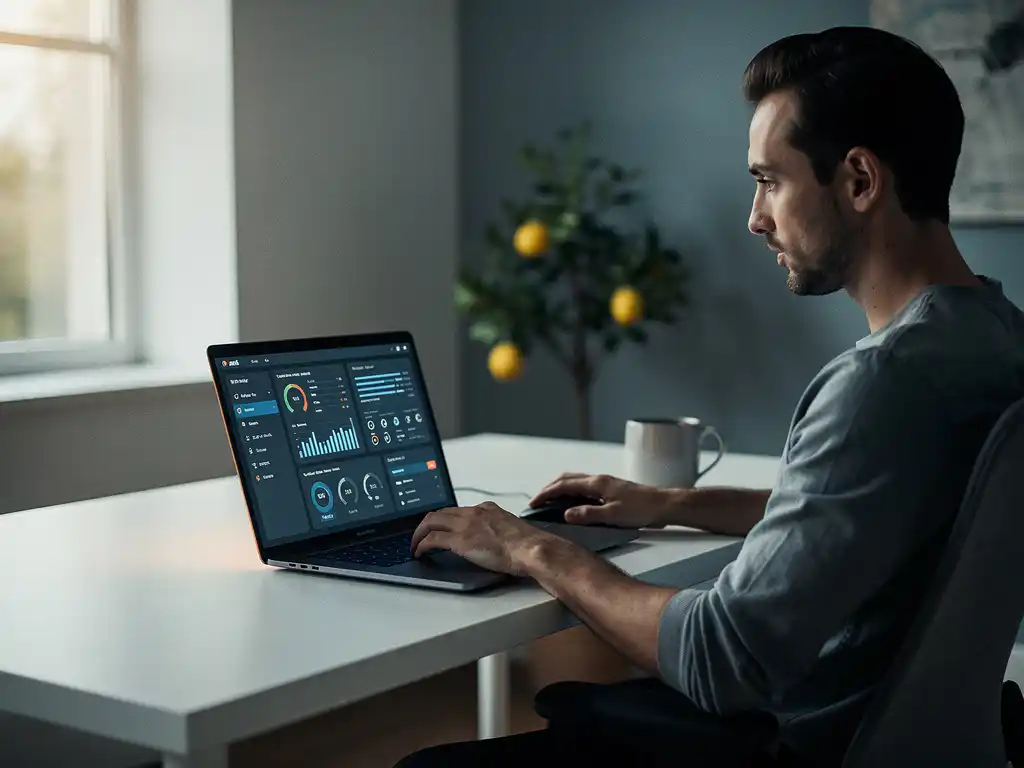 IT-technicus bewaakt servermonitors op laptop in modern thuiskantoor met natuurlijk raamlicht en kleine citroenboom op achtergrond.