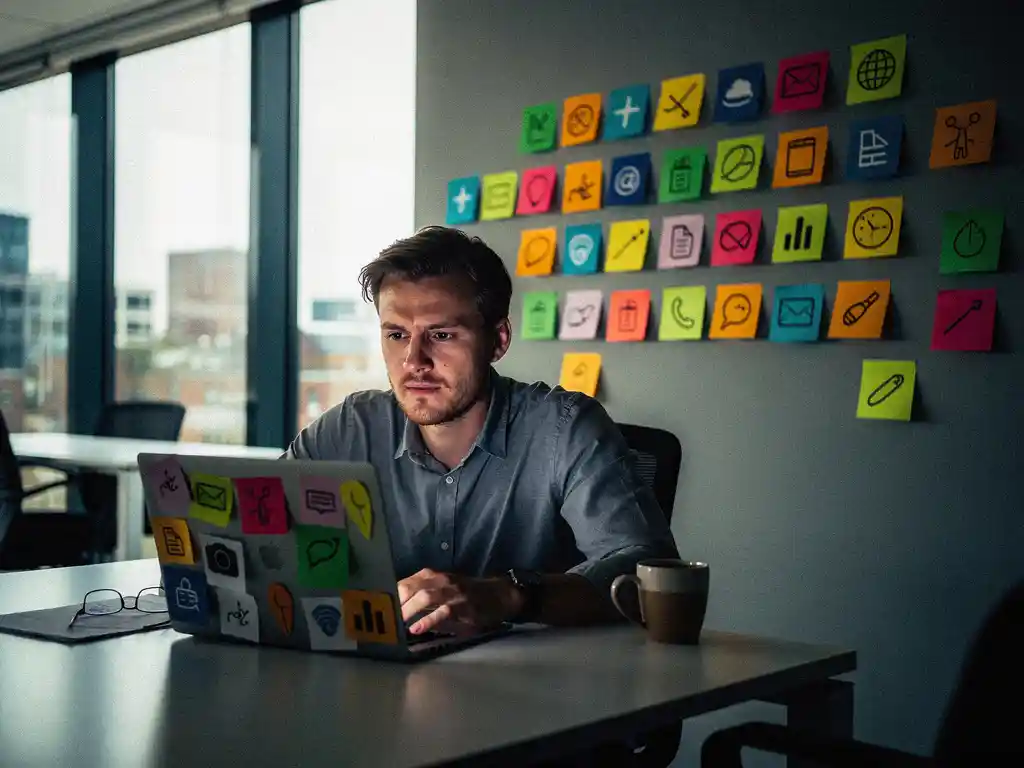 Afleide kantoormedewerker staart naar overvolle laptopscherm, omringd door sticky notes met Microsoft 365-app-iconen, modern Nederlands kantoor.
