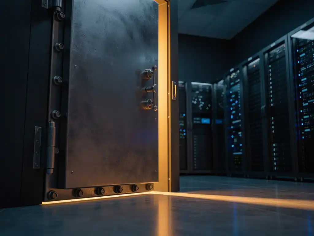Zware stalen kluisdeur op een kier in moderne serverruimte, warm goudlicht valt op betonvloer tussen donkere serverkasten.