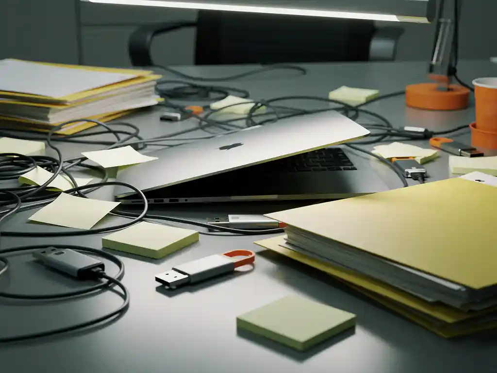 Rommelig kantoorbureau met verstrengelde kabels, stapels mappen en USB-sticks, half begraven laptop onder het chaos.