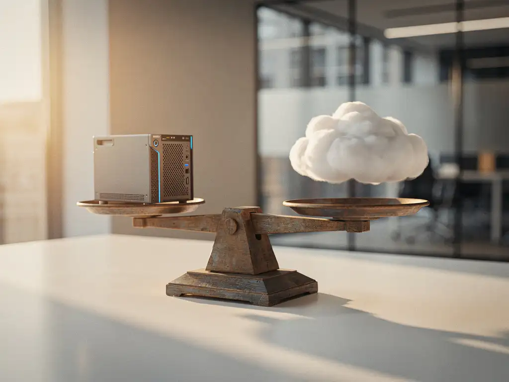 Verouderde houten weegschaal in balans met een server en wolkmodel, symboliseert de keuze tussen on-premise en cloud hosting.