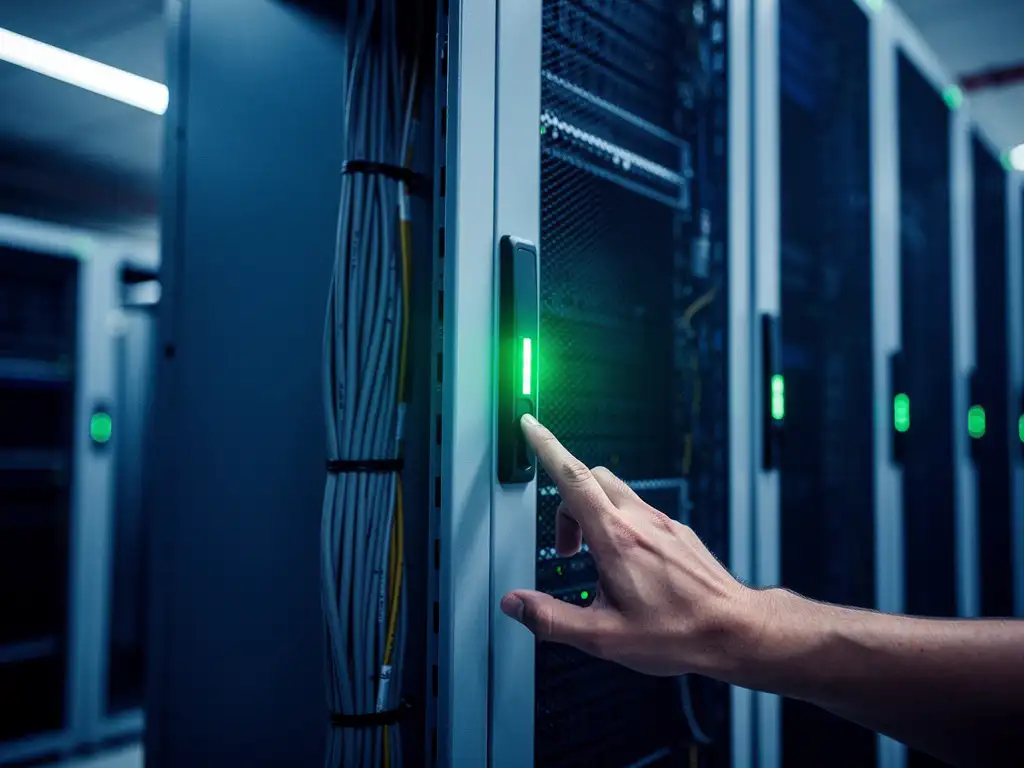 Technicus legt hand op serverrack met groen statuslicht in modern datacenter met geordend kabelmanagement.