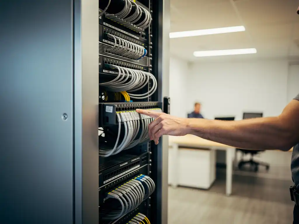 Technicus raakt kabelpaneel aan van een moderne serverrack naast een open kantoorruimte, stalen blauwtinten en warm licht.