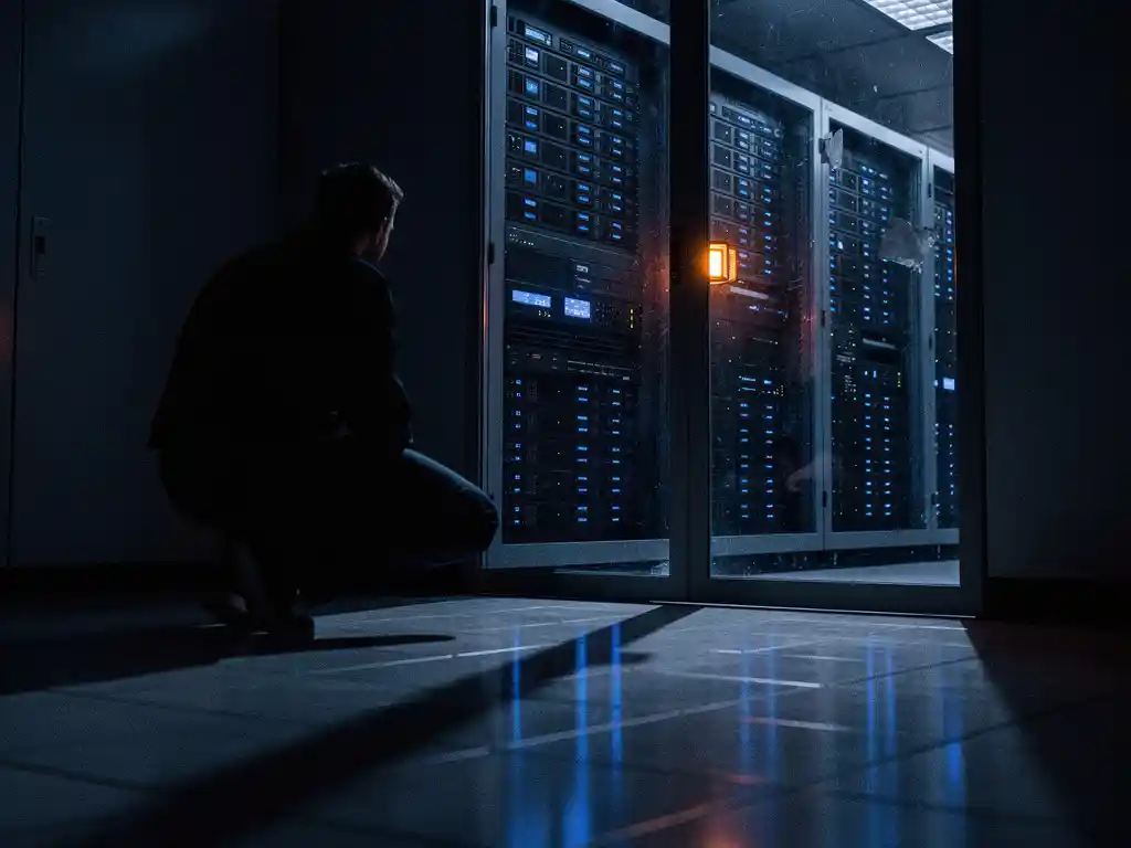 Silhouet van een figuur weerspiegeld in het raam van een donkere serverruimte met blauwe rackservers en een amber waarschuwingslicht.