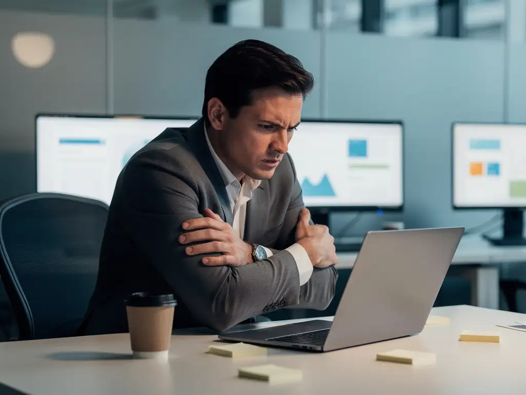 Gefrustreerde kantoormedewerker die laptop wegduwt aan bureau, met gekruiste armen en ongebruikte productiviteitssoftware op achtergrondschermen.