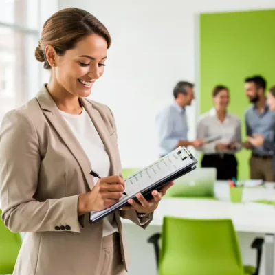 Professional bekijkt checklist op klembord in modern kantoor met limoengroene accenten en collega's op de achtergrond.
