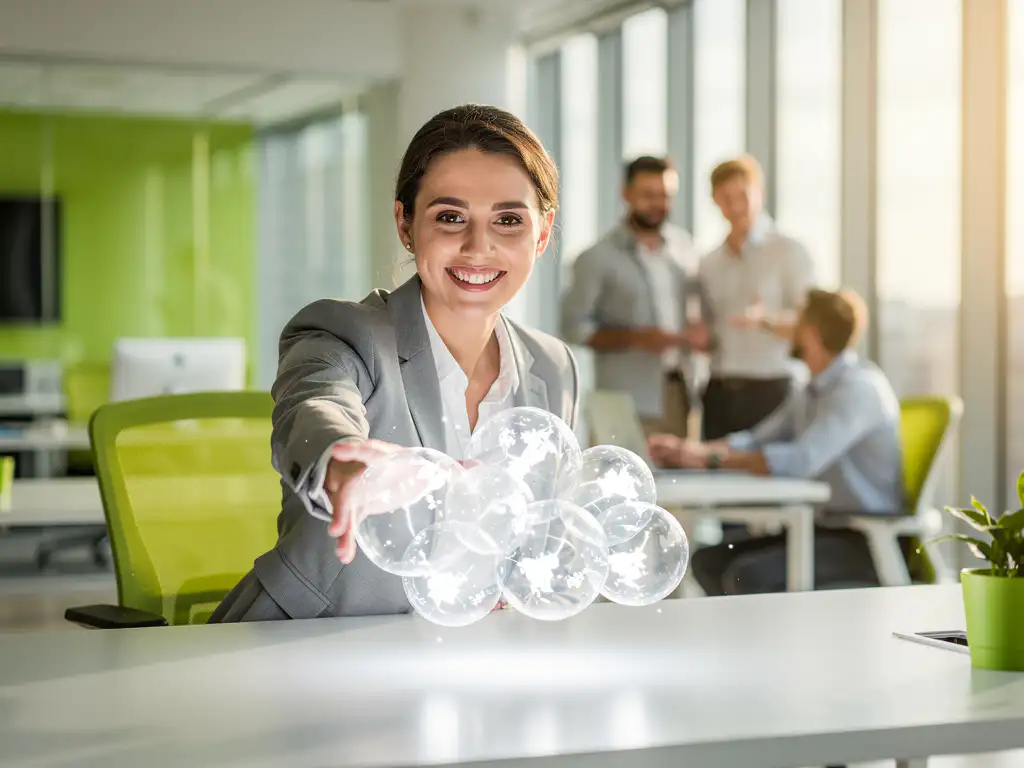 Professional reikt naar gloeiende cloud-iconen boven bureau in modern kantoor met collega's op de achtergrond.