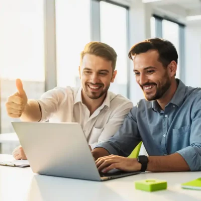 IT-professional geeft duim omhoog aan collega die laptopscherm bekijkt in modern, lichtrijk kantoor met limoengroene accenten.