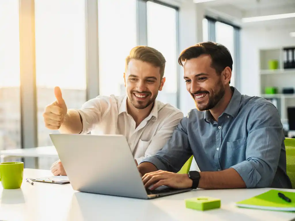 IT-professional geeft duim omhoog aan collega die laptopscherm bekijkt in modern, lichtrijk kantoor met limoengroene accenten.