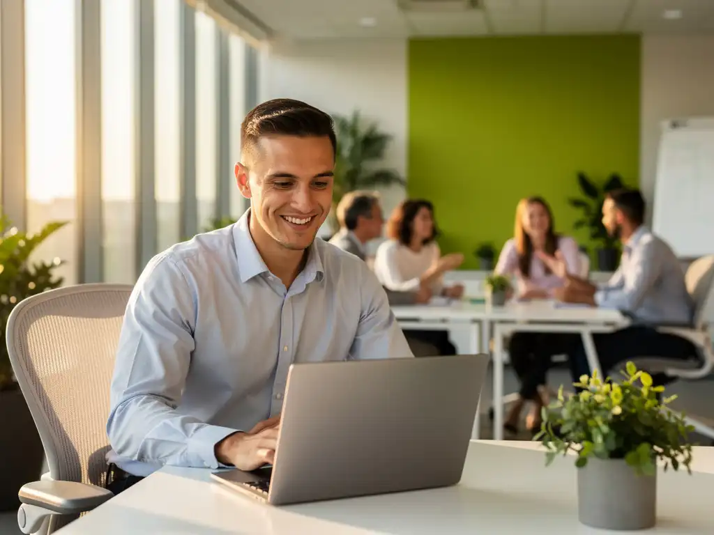 gelukkige-professional-modern-kantoor-laptop.jpg Glimlachende professional aan laptop in modern kantoor met open werkruimte, collega's op achtergrond en groot raam met daglicht.