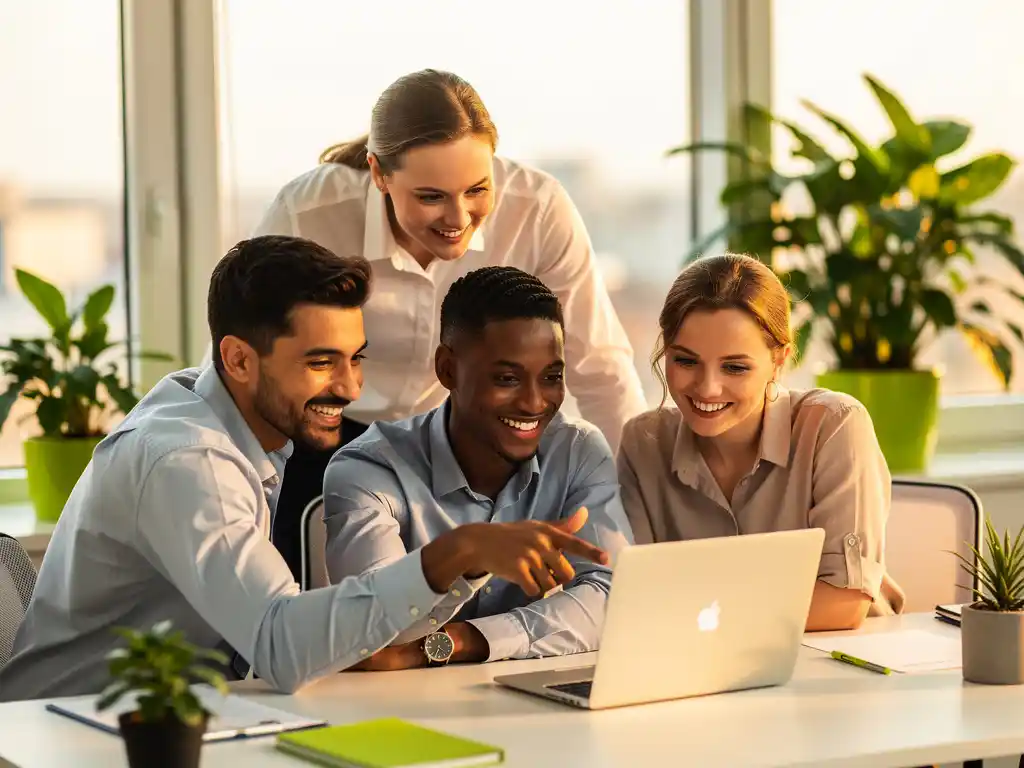 Klein zakelijk team bekijkt samen een laptop in een licht modern kantoor, omgeven door groene planten en warm raamlicht.