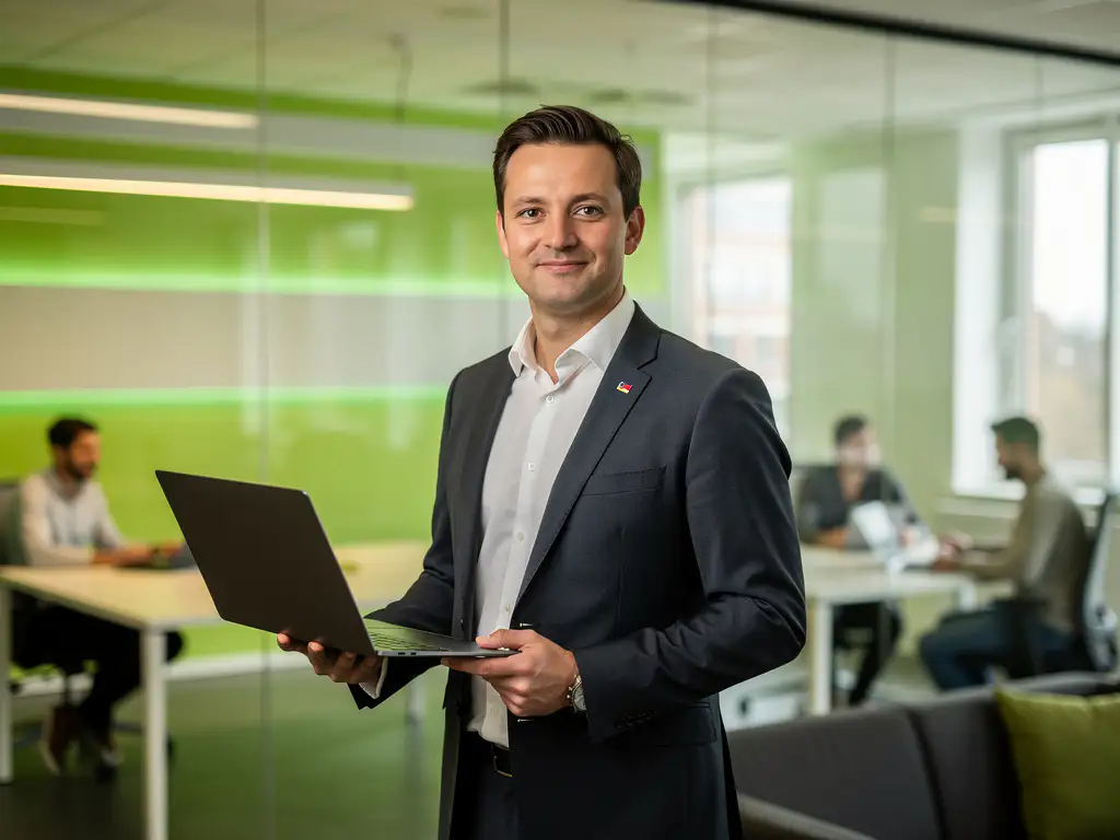 Professional in modern Nederlands kantoor met laptop, Europese vlagspeld op revers, collega's op de achtergrond, groene accentverlichting.