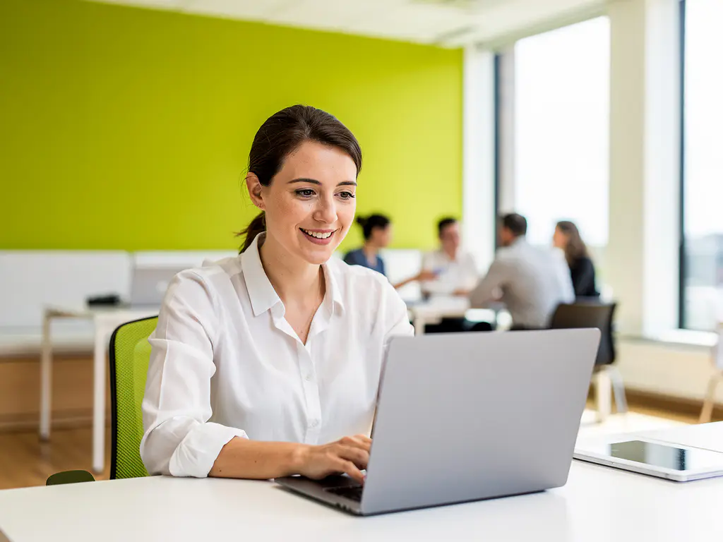 Professional werkt geconcentreerd op laptop in modern kantoor met limoengroene accentmuur en natuurlijk daglicht.