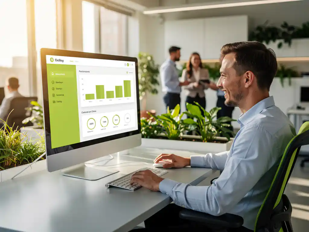 professioneel-dashboard-kantoor-groen-werkplek.jpg Lachende professional aan modern bureau bekijkt digitaal dashboard op groot scherm in licht kantoor met groene plantaccenten.