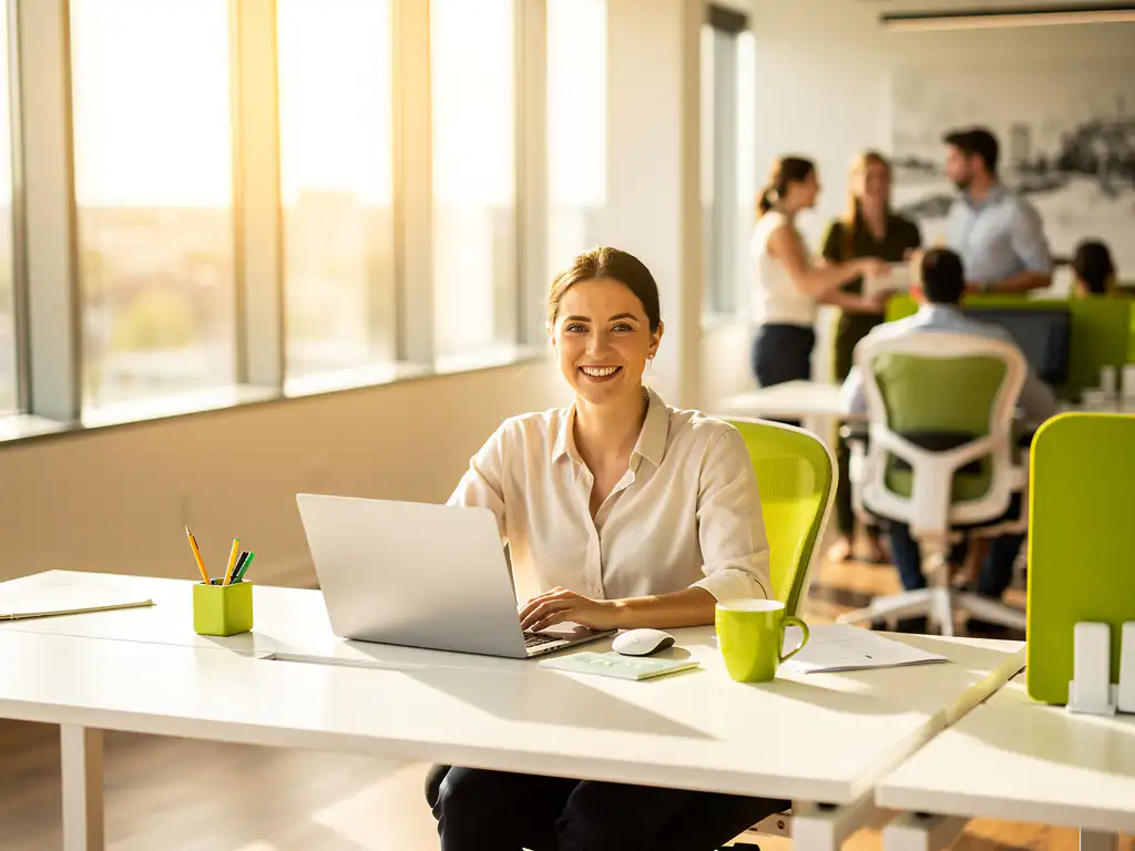 professionele-werkplek-moderne-kantoor-samenwerking.jpg Glimlachende professional aan wit bureau met laptop in modern open kantoor, warm zonlicht en collega's op de achtergrond.
