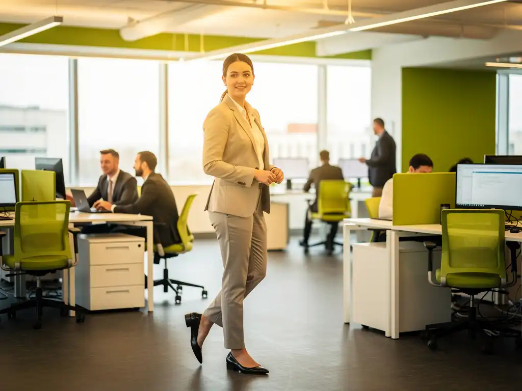 Professional pauzeert zelfverzekerd in modern open kantoor met collega's die samenwerken aan strakke werkstations, groene accenten.