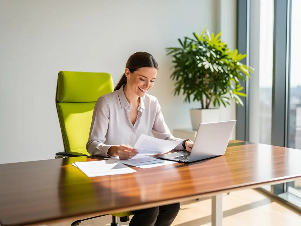 Glimlachende professional aan minimalistisch houten bureau met laptop en documenten, groene kussens en kamerplant in lichte thuiswerkplek.