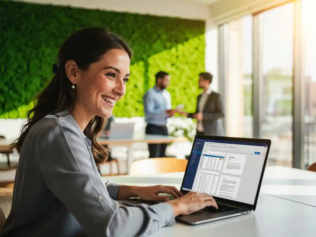 vrouw-laptop-kantoor-productiviteit-samenwerking.jpg Glimlachende vrouw werkt op laptop in modern kantoor met groene accentmuur en collega's op de achtergrond.