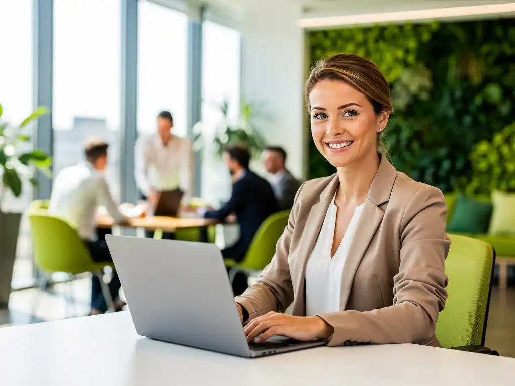 Glimlachende zakenvrouw werkt op laptop in licht modern kantoor met collega's op de achtergrond en groene accenten.