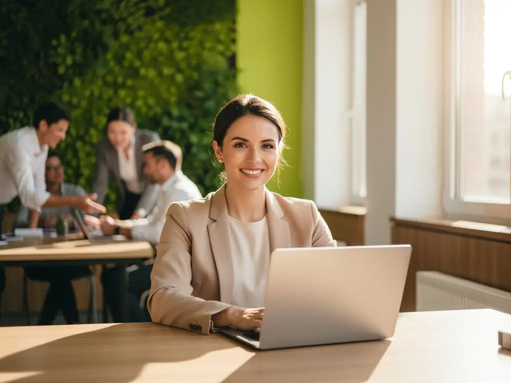 vrouw-laptop-modern-kantoor-samenwerking.jpg Glimlachende professionele vrouw werkt op laptop in licht modern kantoor met groene accentmuur en samenwerkende collega's op de achtergrond.