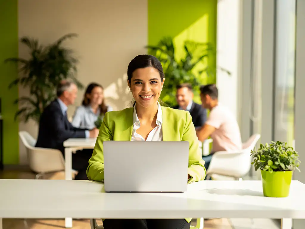 vrouw-laptop-kantoor-samenwerking-daglicht.jpg Lachende zakenvrouw werkt op laptop in licht modern kantoor met collega's op de achtergrond en groene accenten.