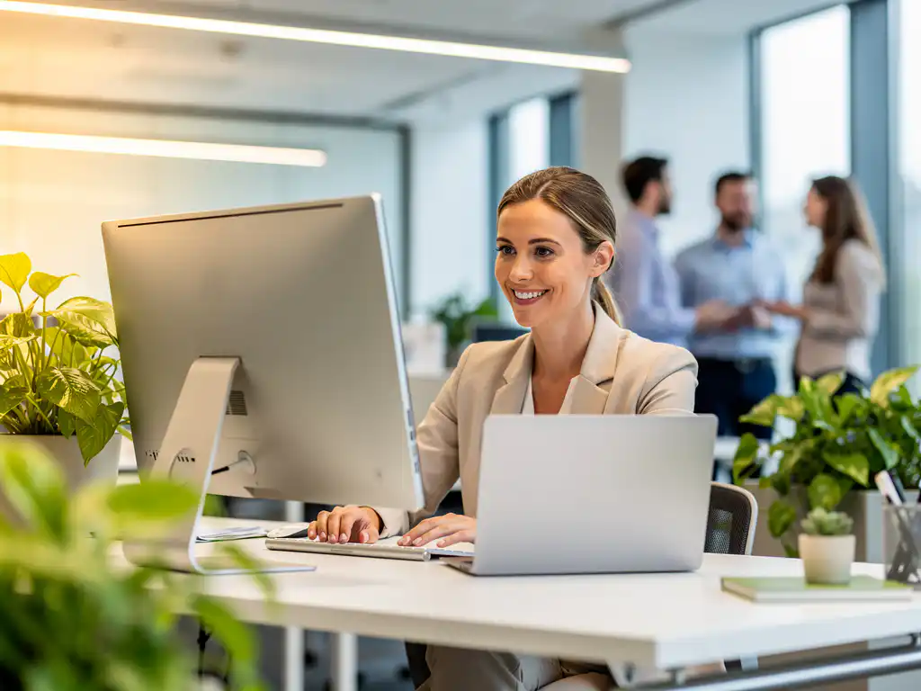 Glimlachende zakenvrouw werkt aan desktop en laptop op modern werkstation in lichtrijk kantoor met collega's op de achtergrond.