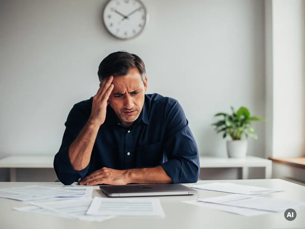 directeur-overweldigd-stress-kantoor-werkdruk.jpg Vermoeide directeur met hand tegen slaap aan modern bureau met verspreide papieren en laptop, groen accent in kantooromgeving.