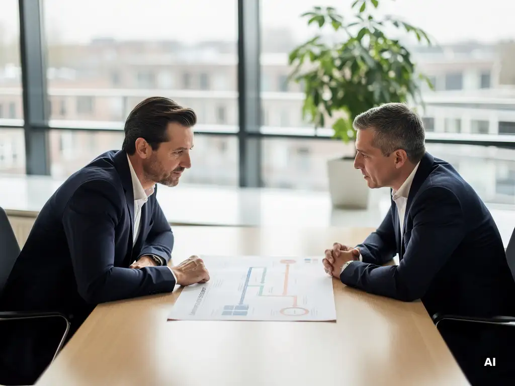 IT-manager in donker marineblauw jasje bespreekt infrastructuur-roadmap met adviseur aan lichte eiken vergadertafel in modern kantoor.