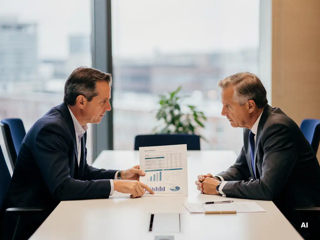 Senior IT-manager en CFO bespreken kostenanalyse aan vergadertafel in modern Nederlands kantoor met grote ramen en natuurlijk daglicht.