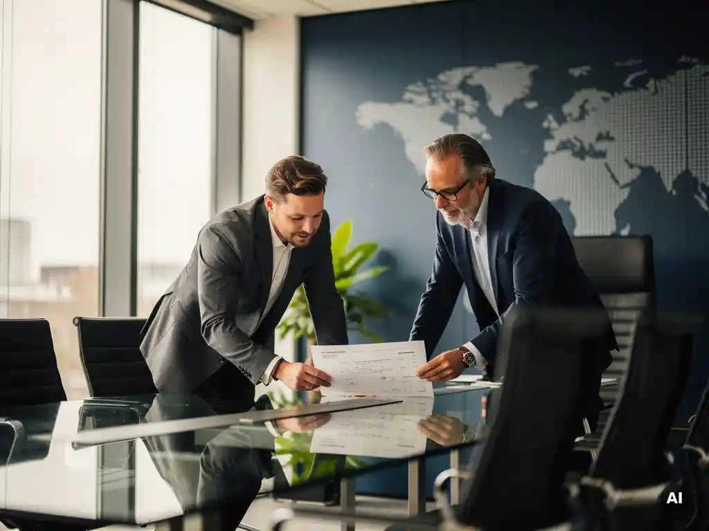 Twee IT-professionals bekijken samen een document aan een glazen vergadertafel in een modern Nederlands kantoor met natuurlijk daglicht.