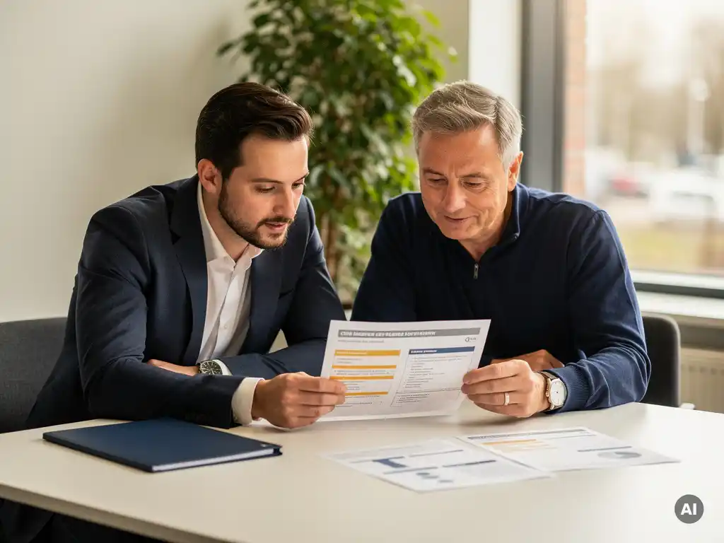 it-manager-collega-vergadering-document.jpg IT-manager en senior collega bestuderen vergelijkingsdocument aan vergadertafel in modern Nederlands kantoor.