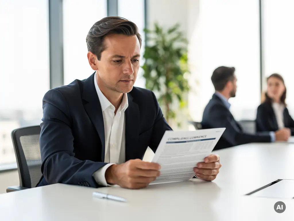 IT-manager in marineblauw jasje bestudeert compliance-document aan vergadertafel, collega's op wazige achtergrond.