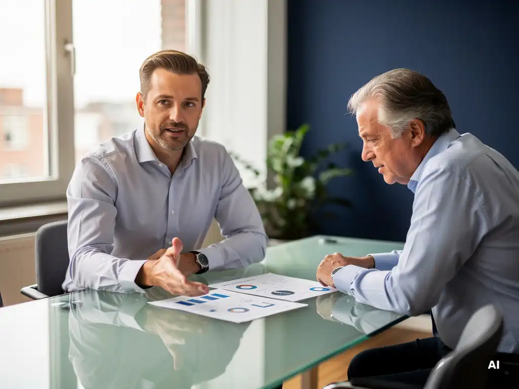 IT-manager en senior collega bespreken infrastructuurstrategie aan glazen vergadertafel in modern Nederlands kantoor.
