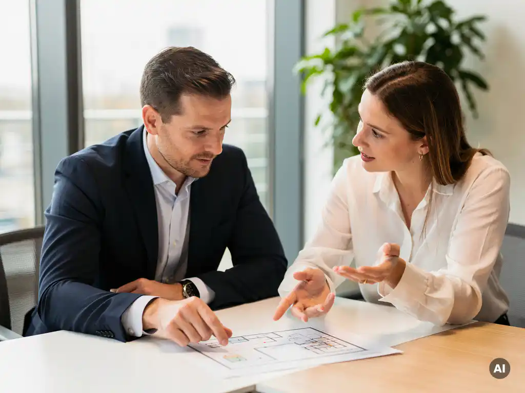 it-manager-infrastructuur-planning-overleg.jpg IT-manager en collega bespreken infrastructuurplan aan moderne vergadertafel in licht Nederlands kantoor.