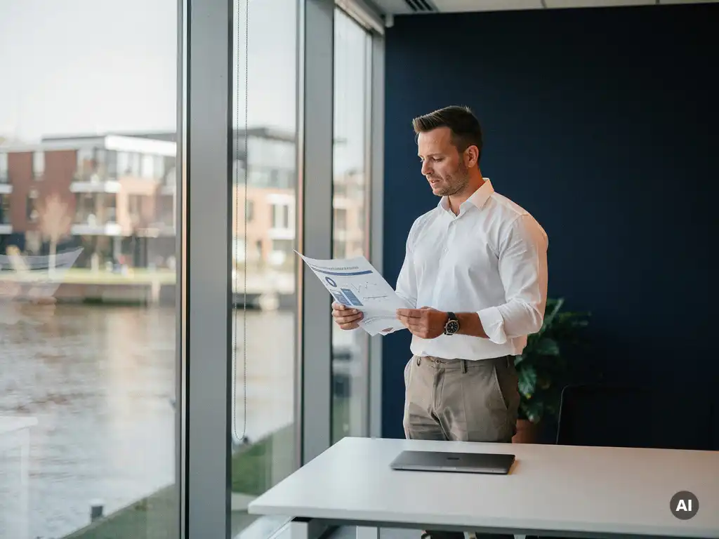 IT-manager bekijkt infrastructuurvoorstel bij groot raamkozijn in modern Nederlands kantoor met daglicht en navy interieur.