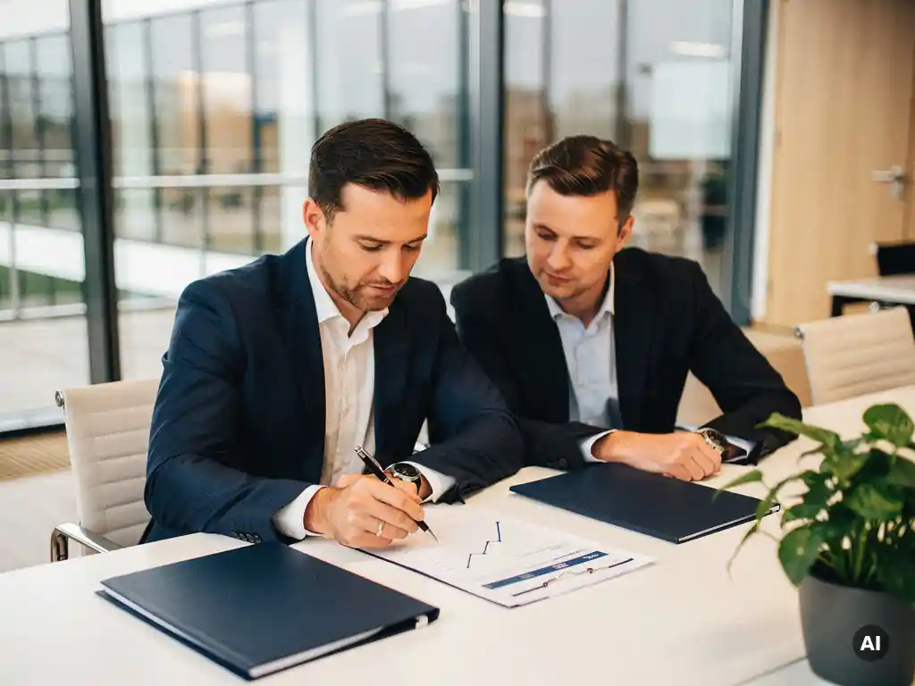 IT-manager en financieel directeur bespreken kostenanalyse met dalende grafiek in modern Nederlands kantoor.