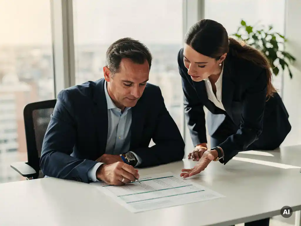 Senior IT-manager en collega bespreken kostenrapport aan vergadertafel, kantoor met grote ramen en natuurlijk daglicht.