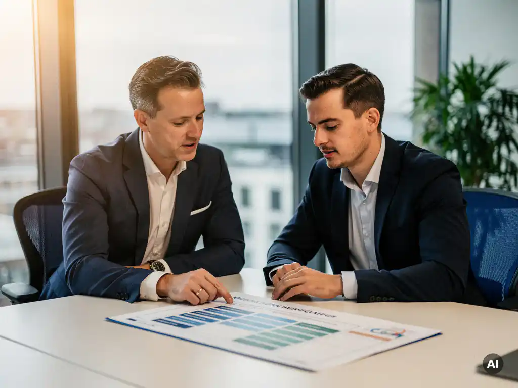 IT-manager en senior consultant bespreken migratie-roadmap aan moderne vergadertafel in Nederlands kantoor met natuurlijk daglicht.