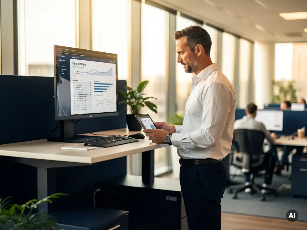 IT-manager bekijkt overzichtsrapport aan staand bureau in modern Nederlands kantoor met vloer-tot-plafondvensters en marineblauw interieur.