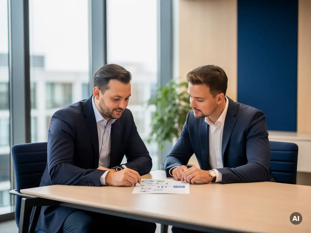 it-manager-strategie-bespreking-kantoor.jpg IT-manager en collega bespreken strategisch document aan vergadertafel in modern Nederlands kantoor met natuurlijk daglicht.