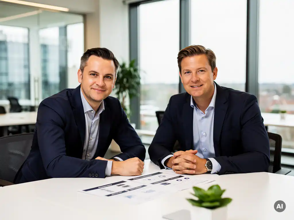 Twee IT-professionals bespreken een vergelijkingsdocument aan een moderne vergadertafel in een Nederlands kantoor met natuurlijk daglicht.