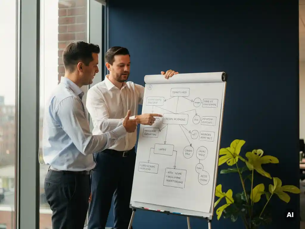 IT-manager en collega bespreken workload-categorisering op whiteboard in modern Nederlands kantoor met grote ramen en natuurlijk daglicht.
