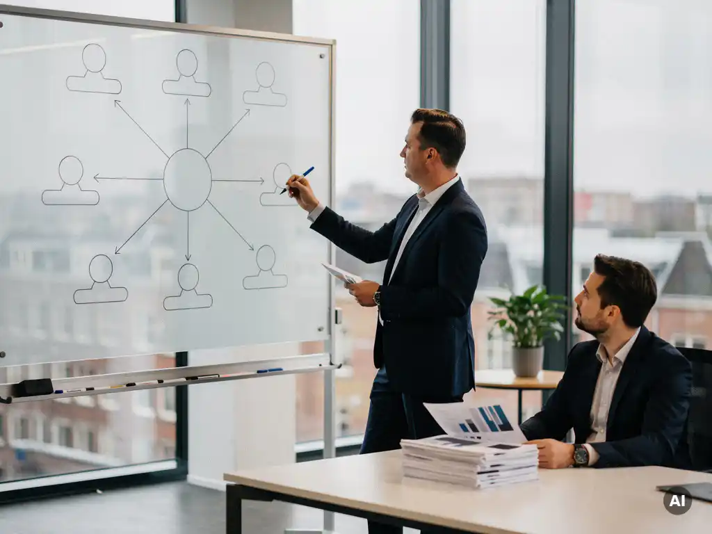 it-manager-whiteboard-strategie-kantoor.jpg IT-manager tekent knooppuntendiagram op glazen whiteboard in modern Nederlands kantoor, collega bestudeert documentatie op de achtergrond.