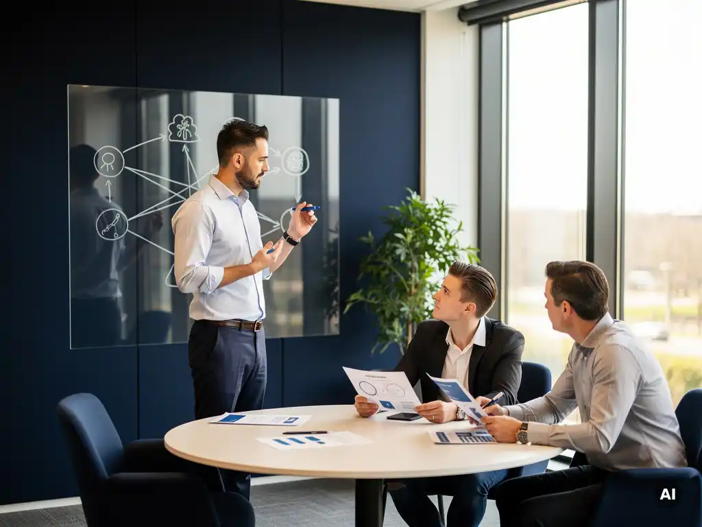 IT-manager tekent verbonden knooppunten op glazen whiteboard terwijl collega's strategiedocumenten bespreken in modern kantoor.