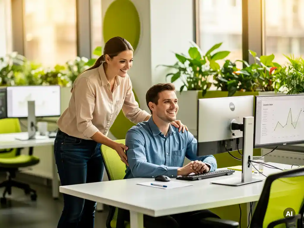 IT-professional helpt lachend een collega aan een moderne werkplek in een licht kantoor met groene accenten.