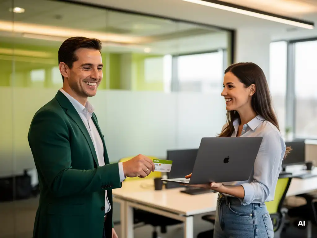 IT-professional overhandigt een keycard en laptop aan een lachende collega in een modern kantoor met glazen wanden.
